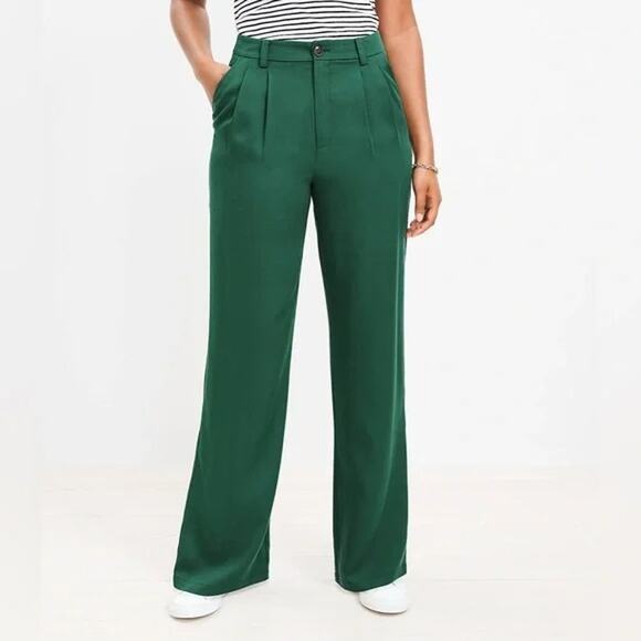 LOFT Pants - Loft Emory Wide Leg Trouser Pants, Size 8P, Emerald Green, High Rise, Pleated